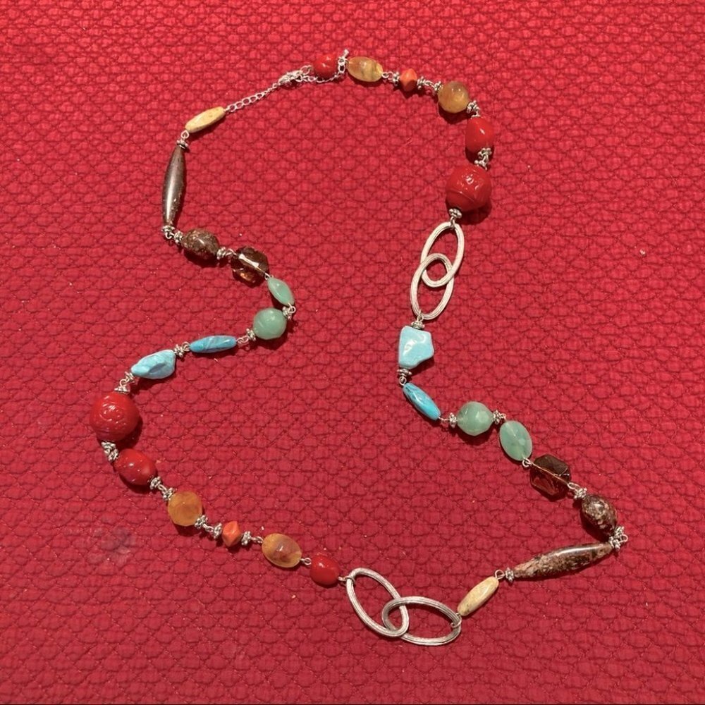 NECKLACE Large Red Beads Blue Clear Opaque Silver Toned Oval Embellishmements